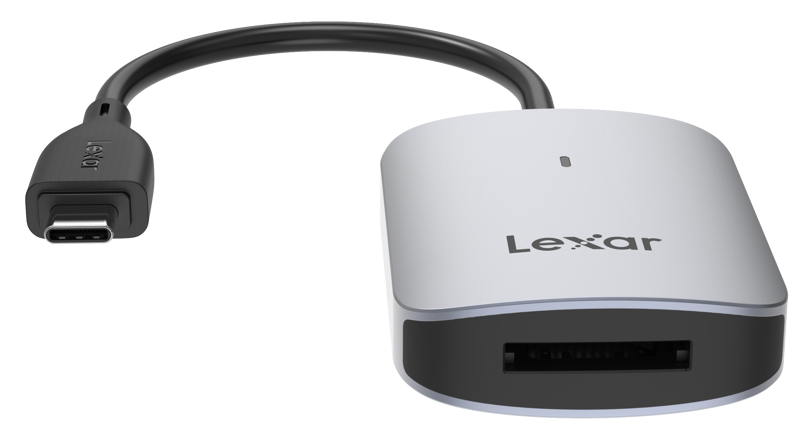 Lexar CFexpress Type A Card Reader LRW515U showing USB-A and USB-C ports for fast data transfer.