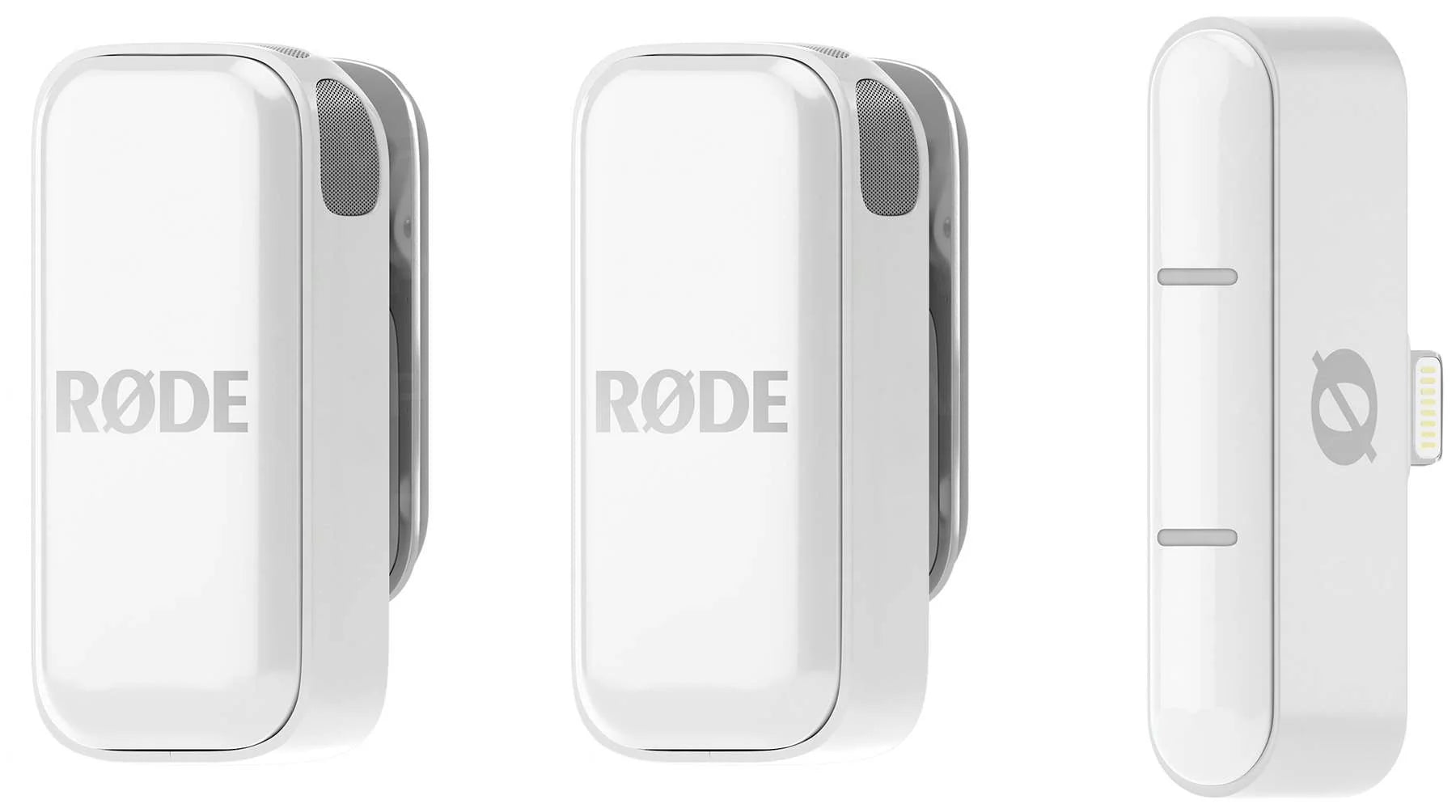 Rode Wireless Micro Lightning wireless microphone system with white transmitter and receiver for mobile audio recording.