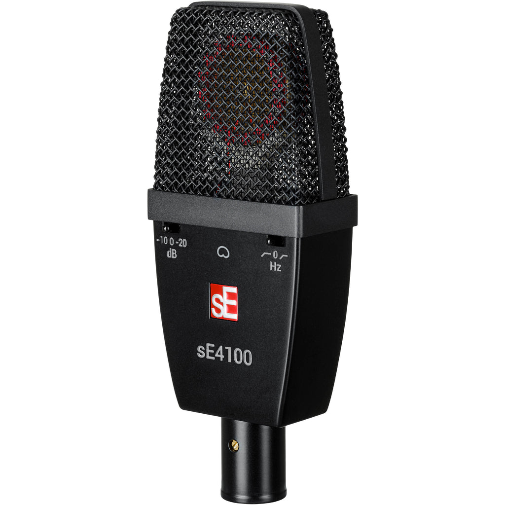sE Electronics sE4100 condenser microphone with metal grille and shock mount, designed for studio recording and vocals