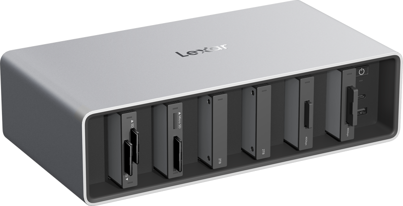 Lexar Workflow Go docking station with Thunderbolt 4 uplink and six-module bay for professional data transfer and device connectivity.