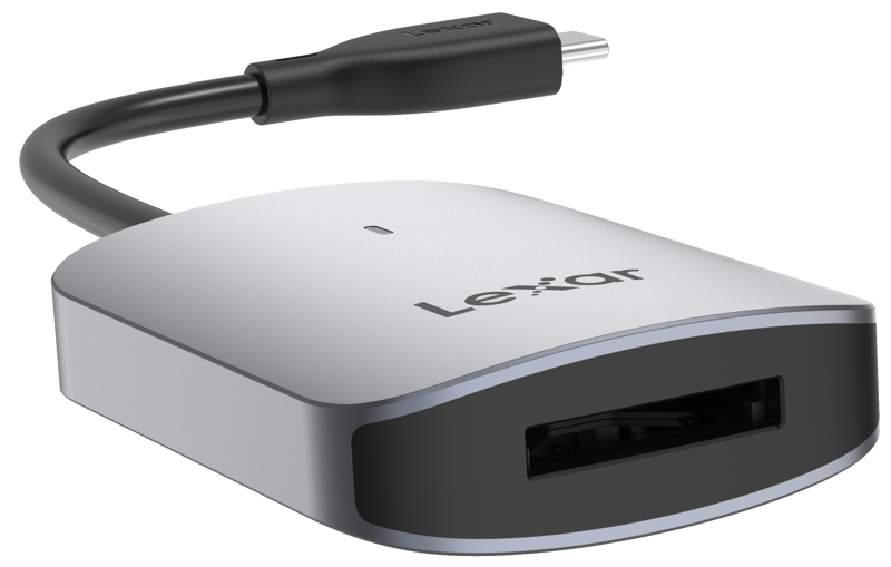 Lexar CFexpress Type A Card Reader LRW515U showing USB-A and USB-C ports for fast data transfer from memory cards.