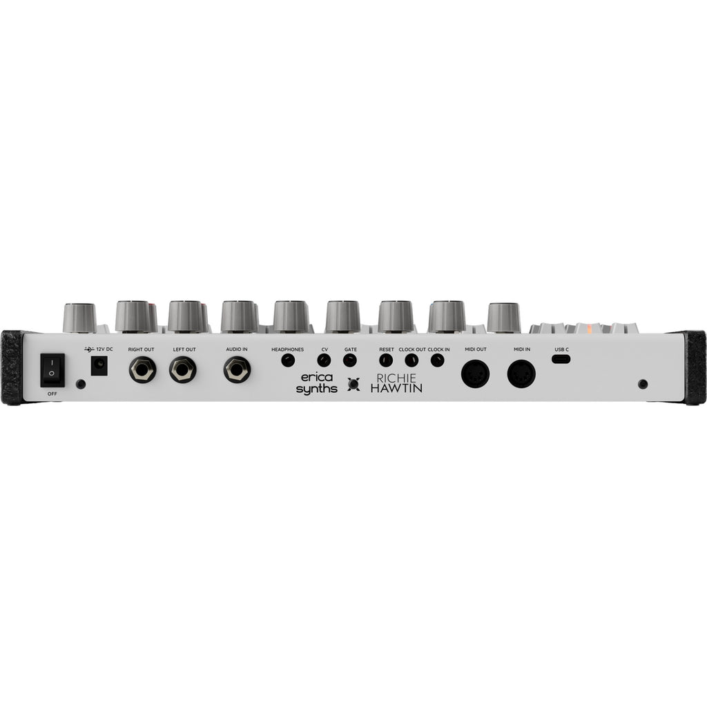 Erica Synths Bullfrog drum machine showing back panel with various input and output ports, controls, and connection jacks.