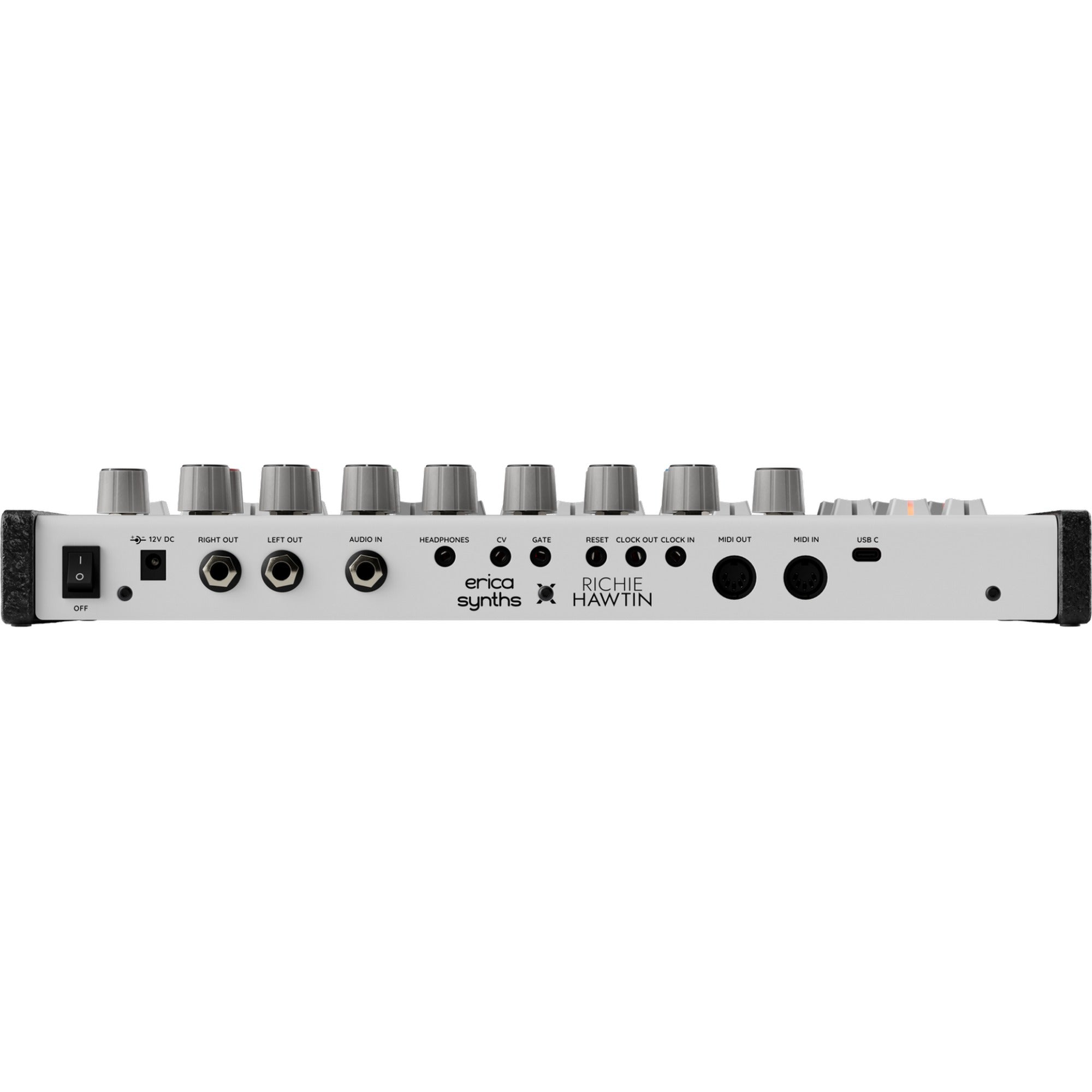 Erica Synths Bullfrog drum machine showing back panel with various input and output ports, controls, and connection jacks.