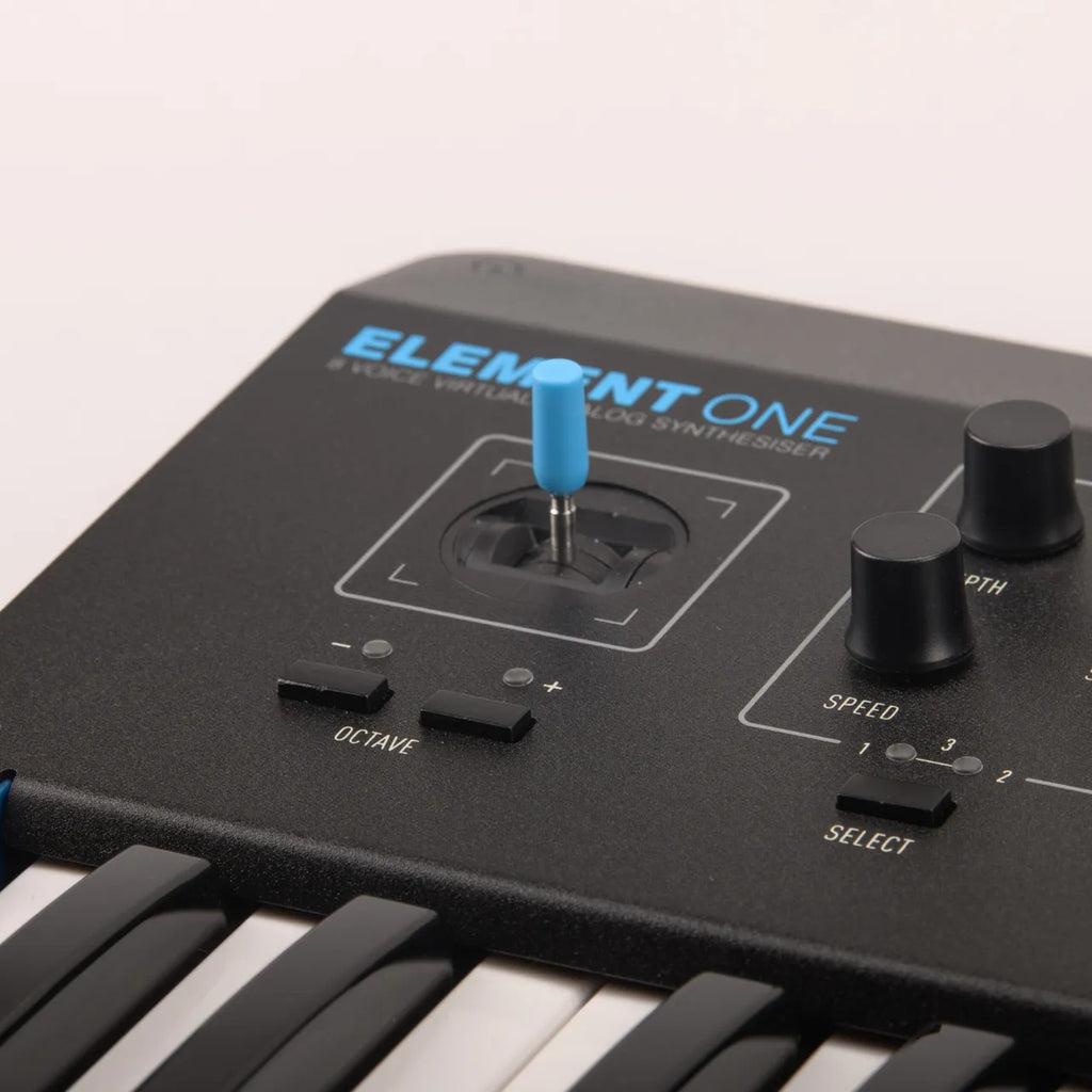 Modal Electronics Element One keyboard synthesizer with a compact design and control knobs, featuring a digital display and various connection ports.
