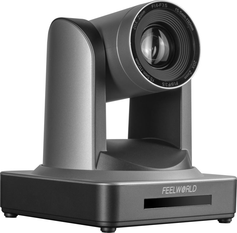 Feelworld PTZ Camera POE20X with SDI and HDMI, featuring 20x optical zoom, used for professional streaming and video production.