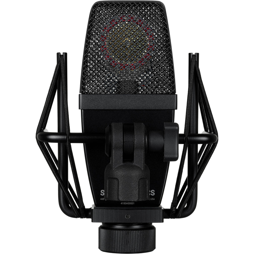 SE Electronics sE4100 condenser microphone with metal grille and black body, designed for studio recording and vocals.