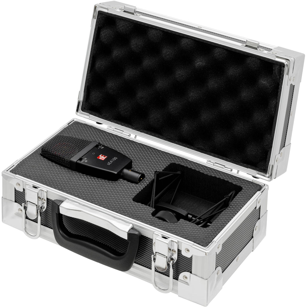 sE Electronics sE4100 condenser microphone with built-in shock mount and sleek black finish, ideal for studio recording.