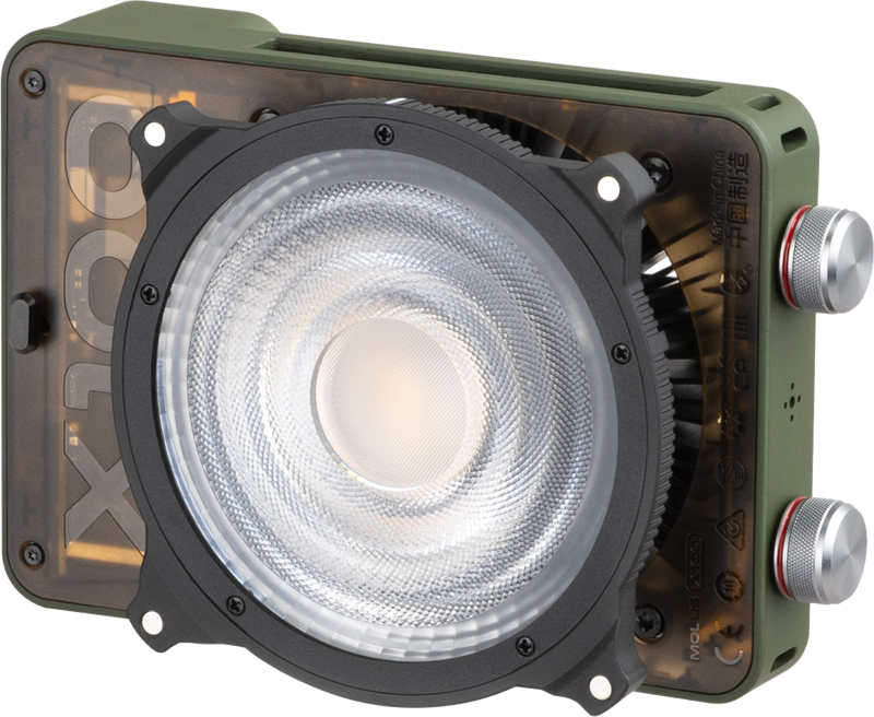 Zhiyun Molus X100 RGB light showcasing adjustable colorful lighting and compact design for professional video and photography.