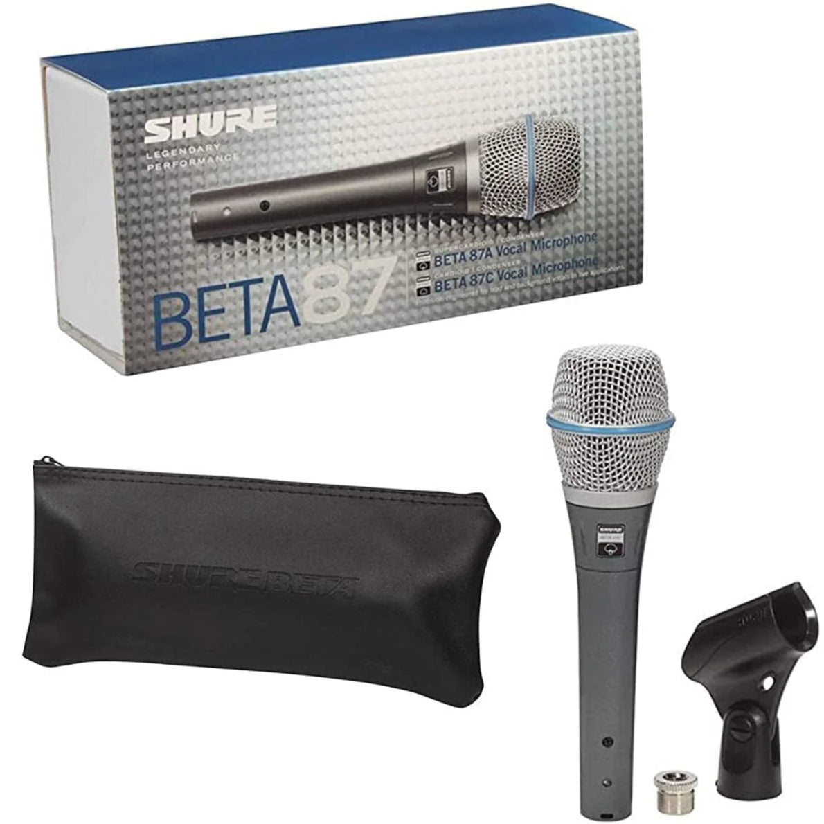 Shure Beta 87A condenser microphone with a sleek black body, designed for professional vocal and studio recording.
