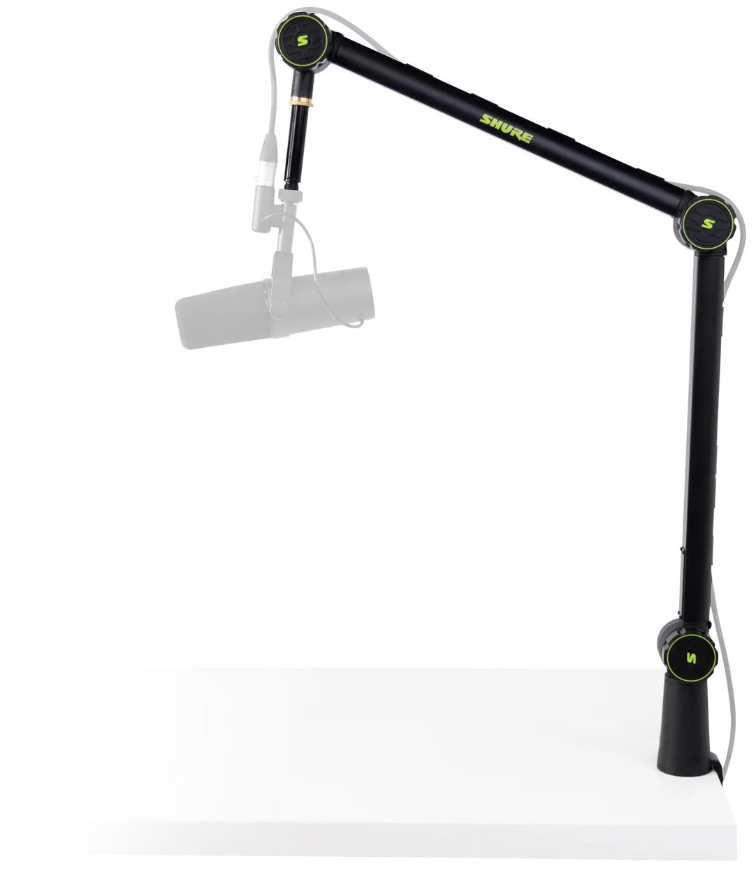 Shure SH-BROADCAST1 broadcast microphone arm mounted on a desk with microphone attached for studio broadcasting setup.
