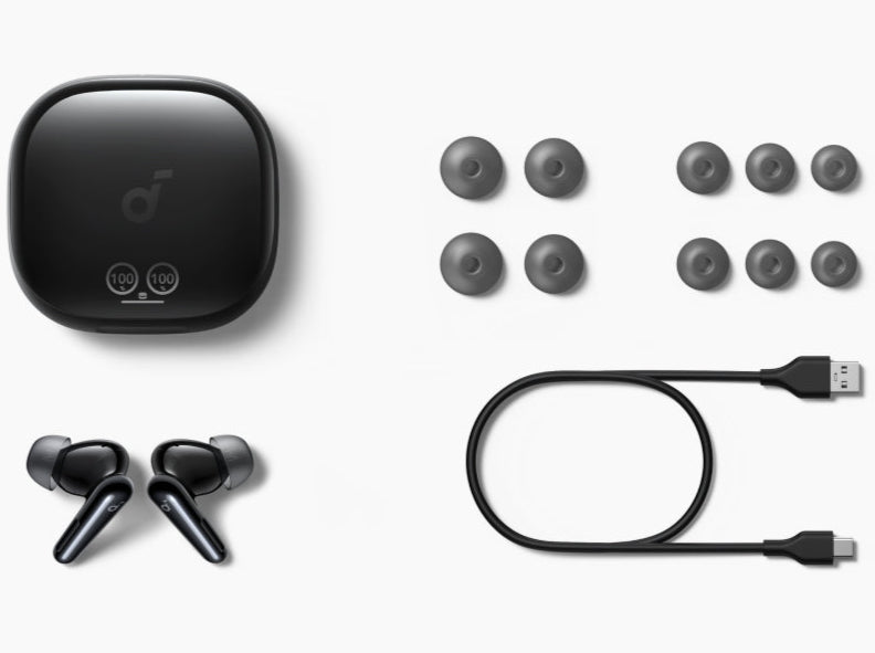 Soundcore Liberty 4 Pro wireless in-ear headphones with sleek black earbuds and charging case, showcasing modern earbud design.