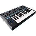 Novation Bass Station II synthesizer with control panel and keyboard, featuring knobs, sliders, and patch buttons for music production.