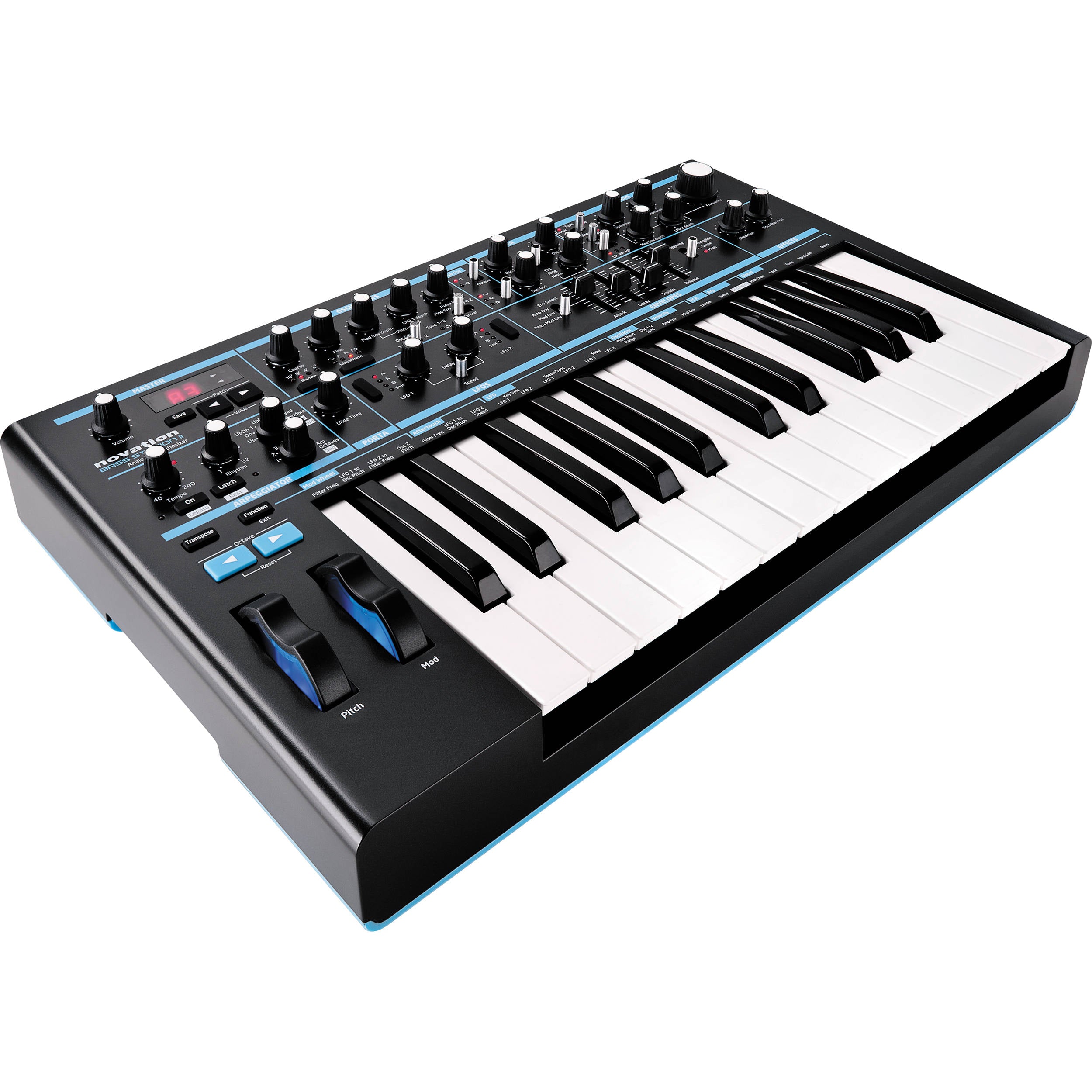 Novation Bass Station II synthesizer with control panel and keyboard, featuring knobs, sliders, and patch buttons for music production.