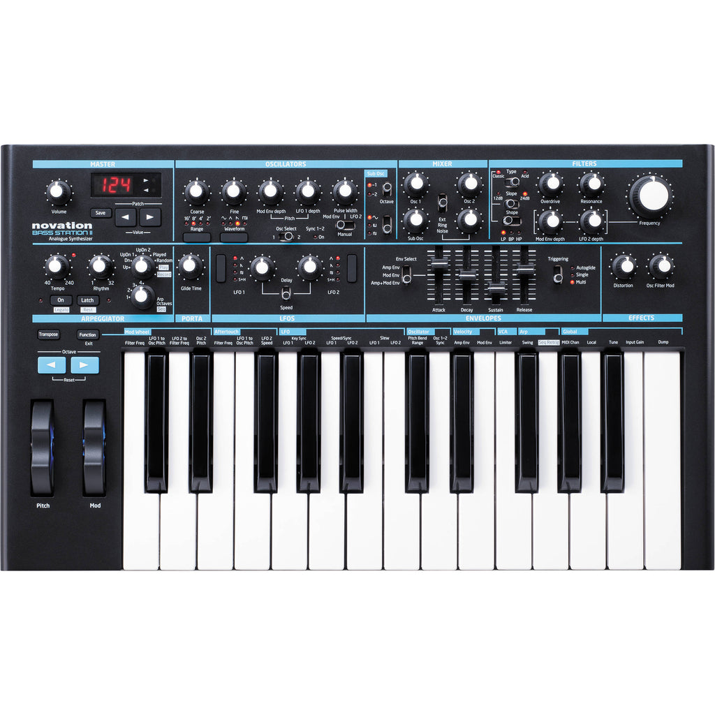 Novation Bass Station II synthesizer with control knobs and keyboard, compact music production instrument for bass sounds.