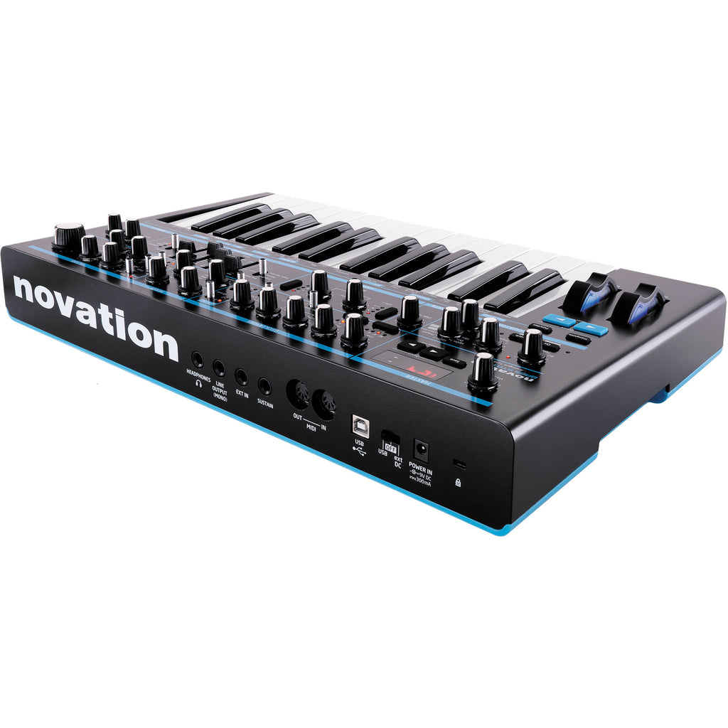 Novation Bass Station II synthesizer with knobs, keys, and controls, showing its compact design and interface.