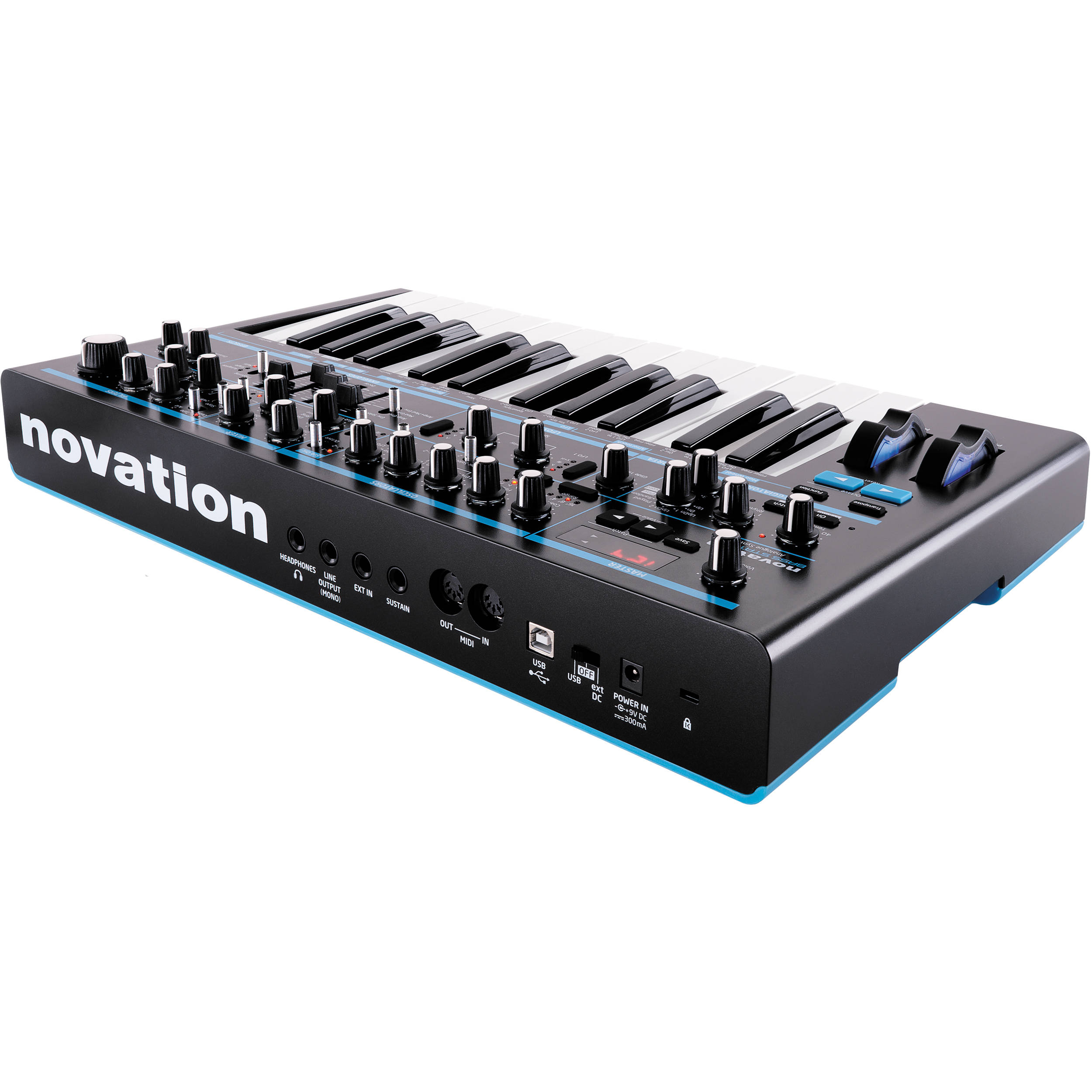 Novation Bass Station II synthesizer with knobs, keys, and controls, showing its compact design and interface.