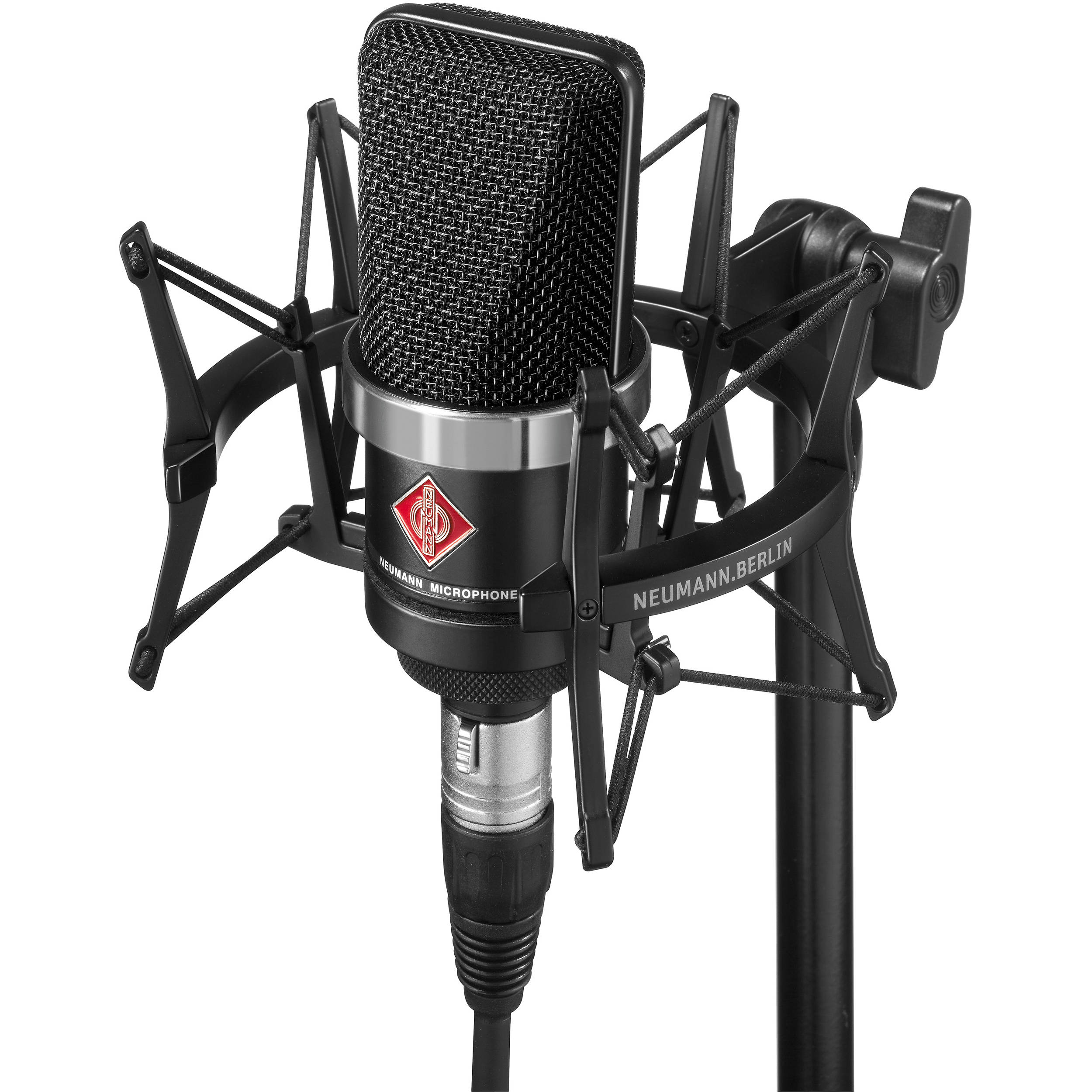 Neumann TLM 102 condenser microphone in a studio setting, showcasing its sleek design and professional build.