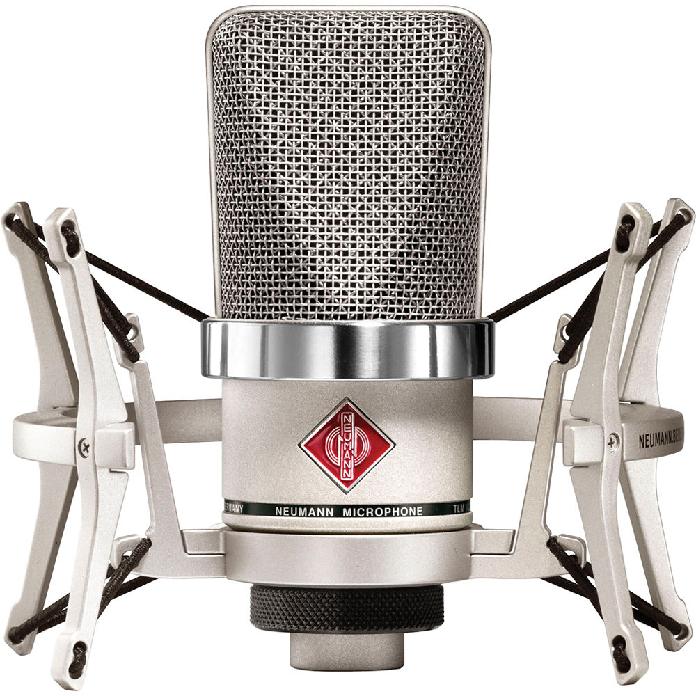 Neumann TLM 102 condenser microphone set with professional studio microphone and accessories for high-quality audio recording.