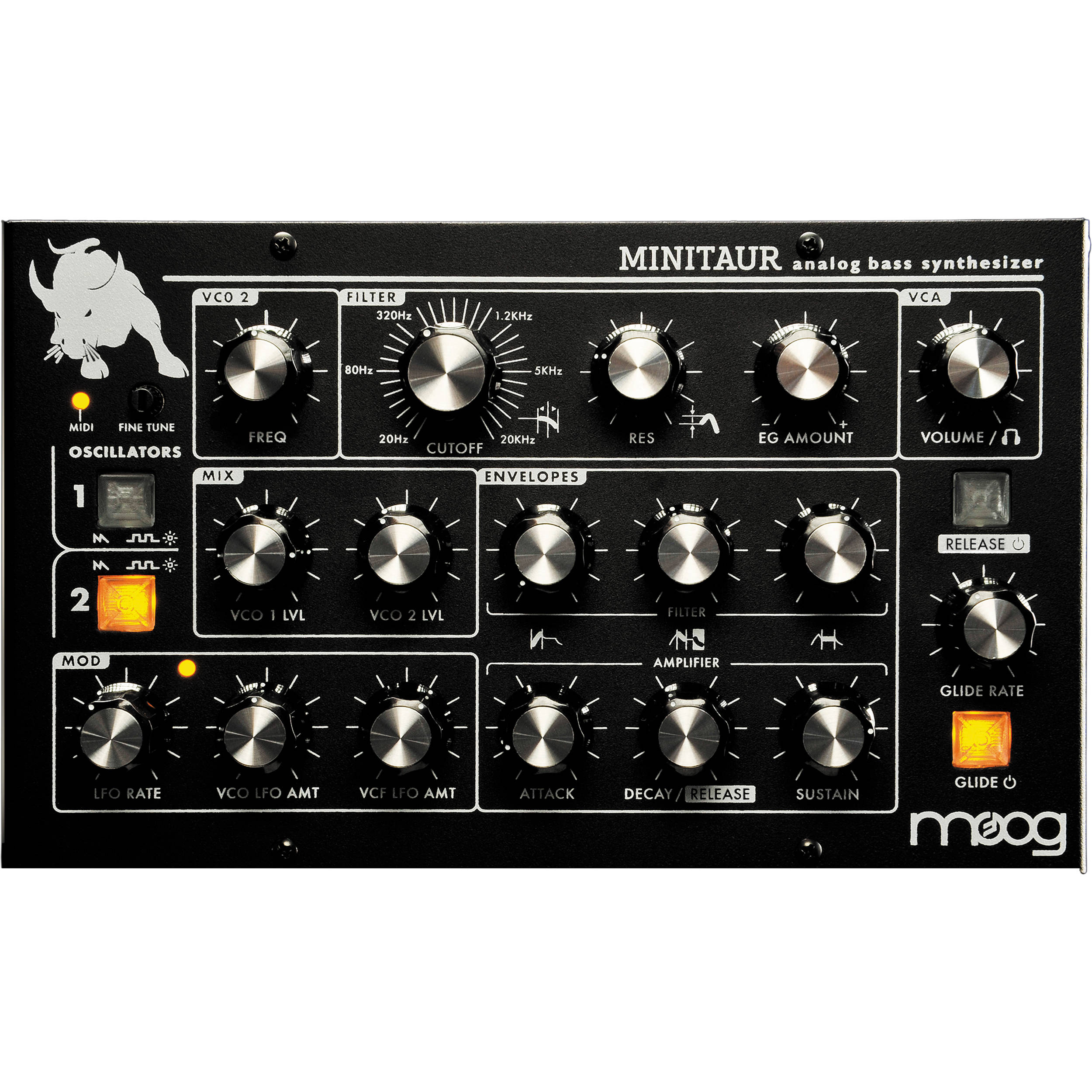 Moog Minitaur synthesizer with compact black keyboard and control knobs, showcasing its modern electronic music equipment design.