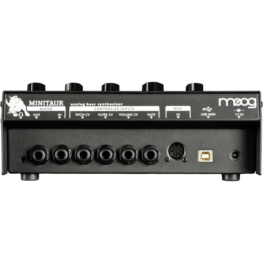 Moog Minitaur synthesizer with black compact design and control knobs, ideal for bass sound creation.