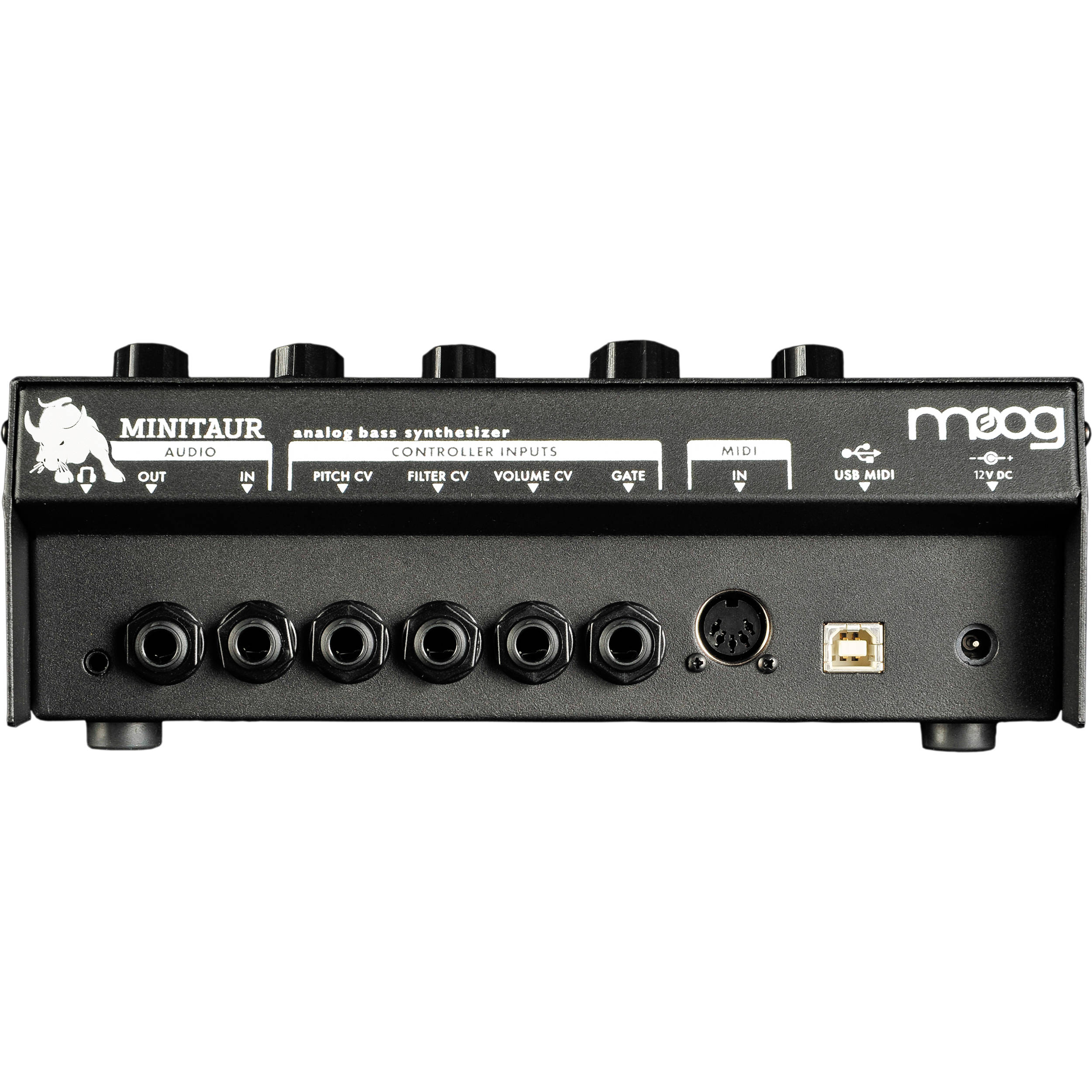 Moog Minitaur synthesizer with black compact design and control knobs, ideal for bass sound creation.