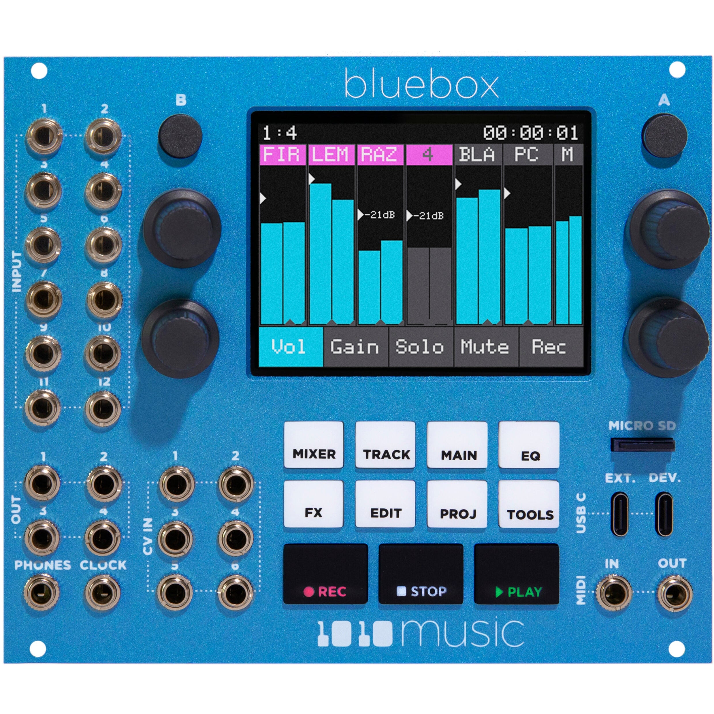 Bluebox Eurorack modular synthesizer by 1010music with knobs, jacks, and LED displays in a compact, blue metal case.