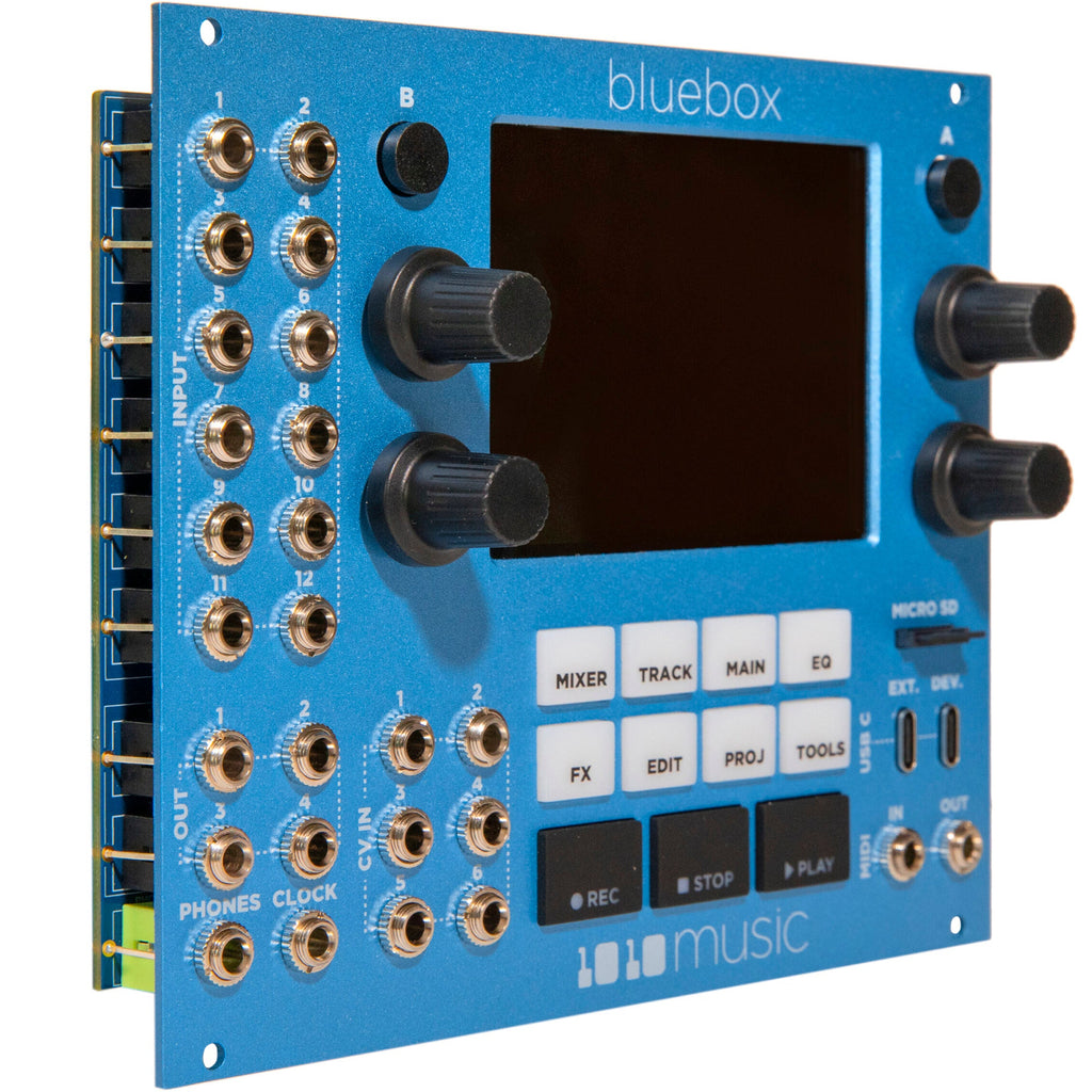 Bluebox Eurorack modular synthesizer by 1010music with colorful knobs and input/output jacks on a black panel.