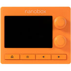 1010music Nanobox Tangerine drum machine and sampler with colorful interface and control knobs, designed for music production.