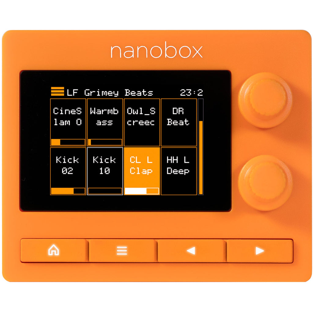 1010music Nanobox Tangerine drum machine and sampler with colorful interface and control knobs on a black background.