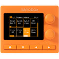 1010music Nanobox Tangerine drum machine and sampler with colorful interface and control knobs on a black background.