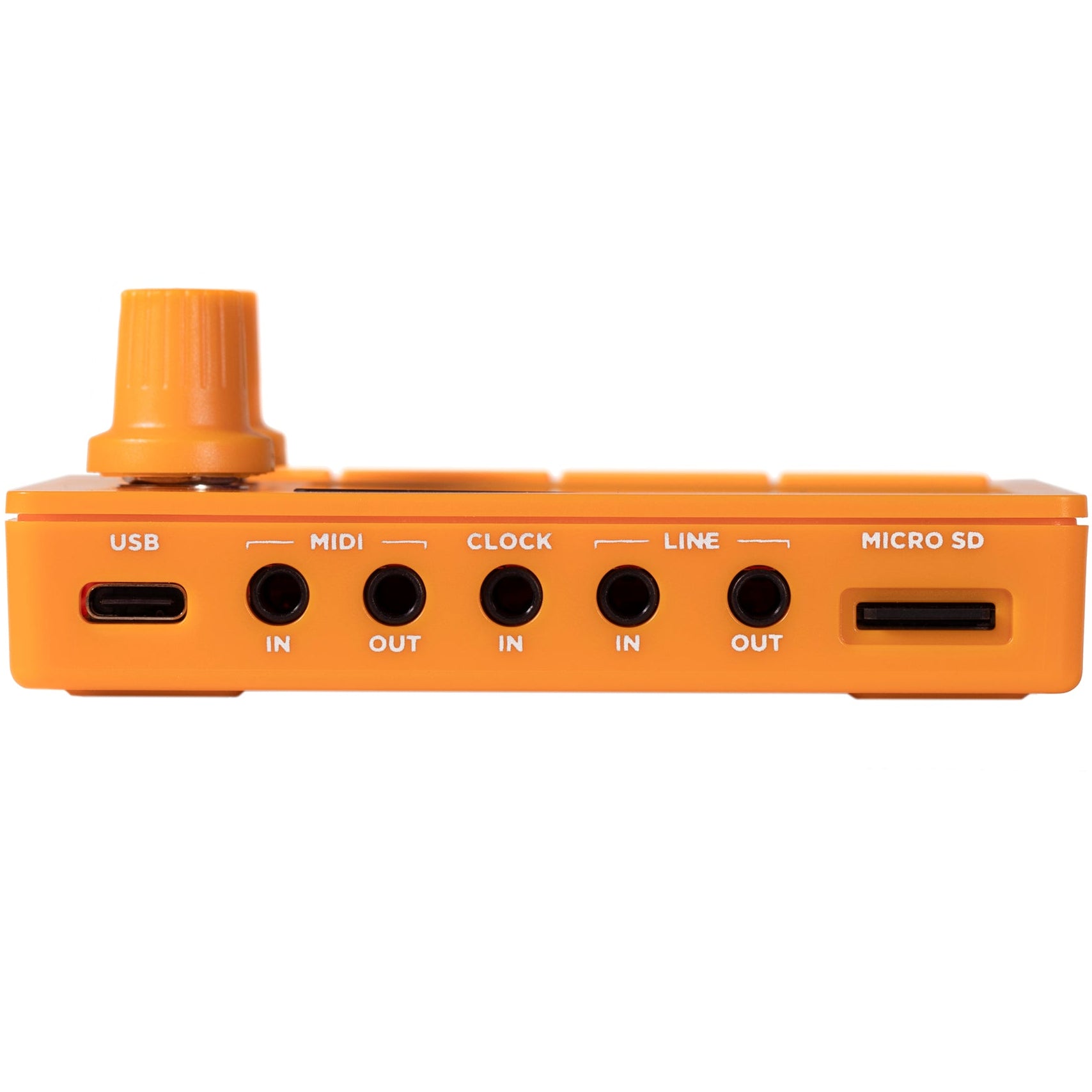 1010music Nanobox Tangerine drum machine and sampler with colorful interface and controls, compact electronic music production device.