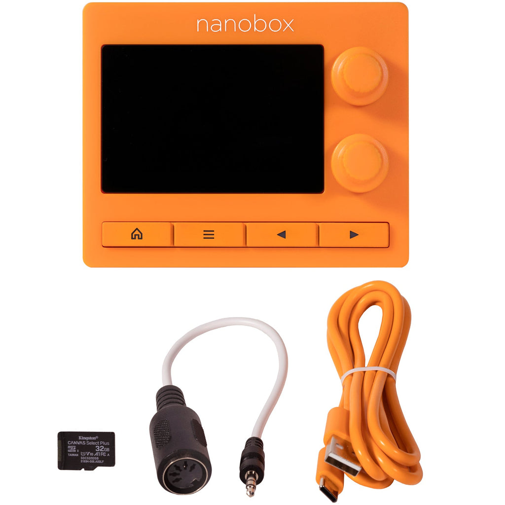 1010music Nanobox Tangerine drum machine and sampler with colorful interface and control knobs on a black background.