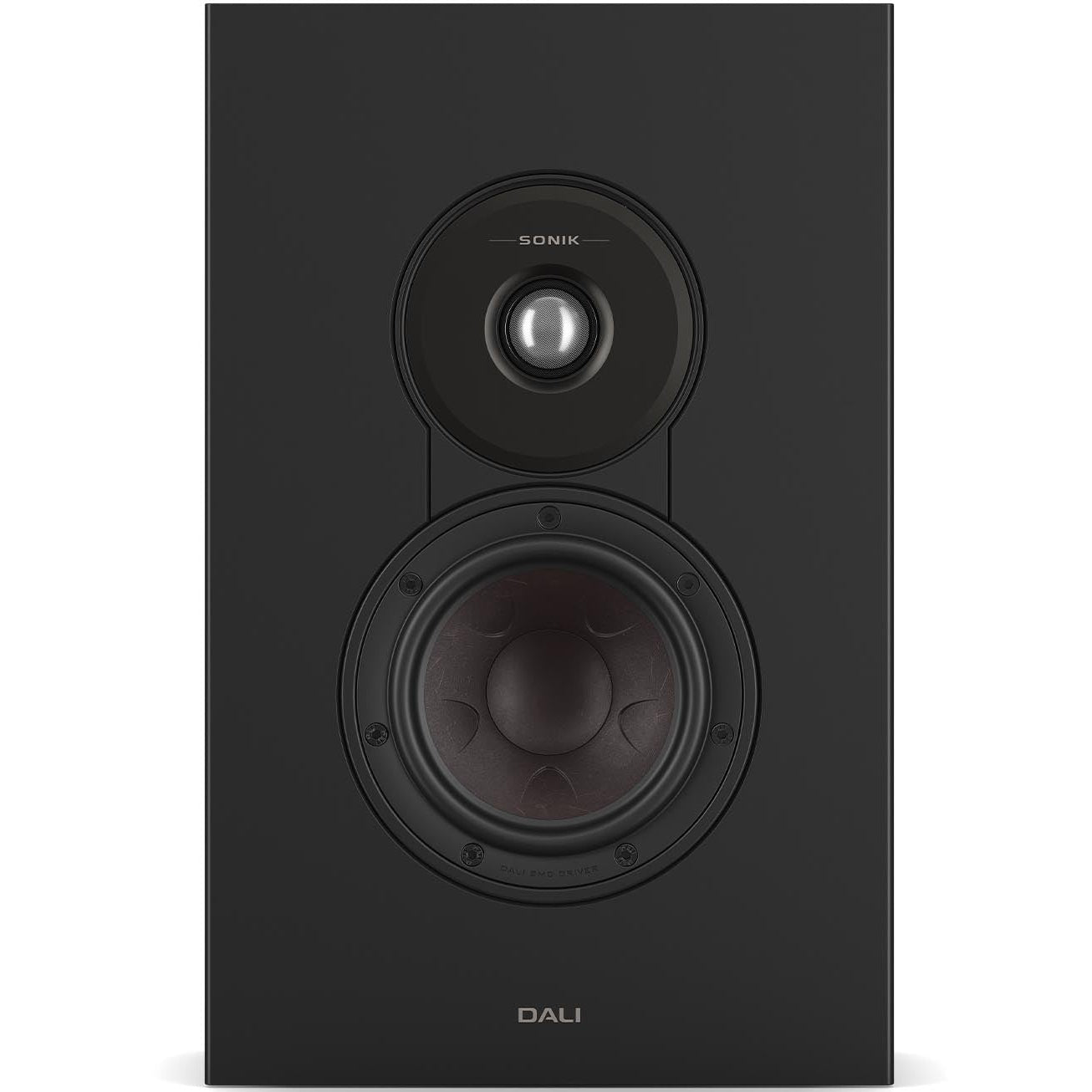 DALI Sonik On-Wall in-wall and outdoor speaker with sleek black grille and compact design, suitable for indoor and outdoor audio setups