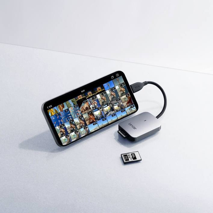 Lexar CFexpress Type A Card Reader LRW515U with USB-A and USB-C ports, showing the compact, portable design.