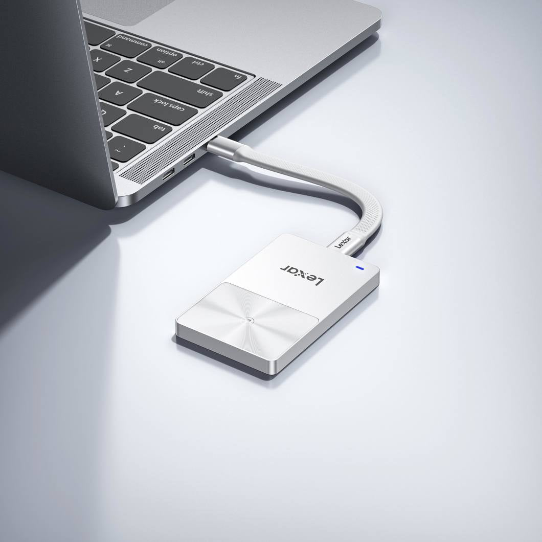 Lexar TouchLock Portable SSD external drive with sleek black design and secure fingerprint lock for data protection.