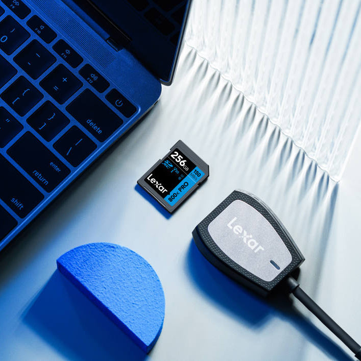 Lexar SDXC 800x Pro UHS-I memory card showing front label with capacity and speed class, designed for high-speed data transfer