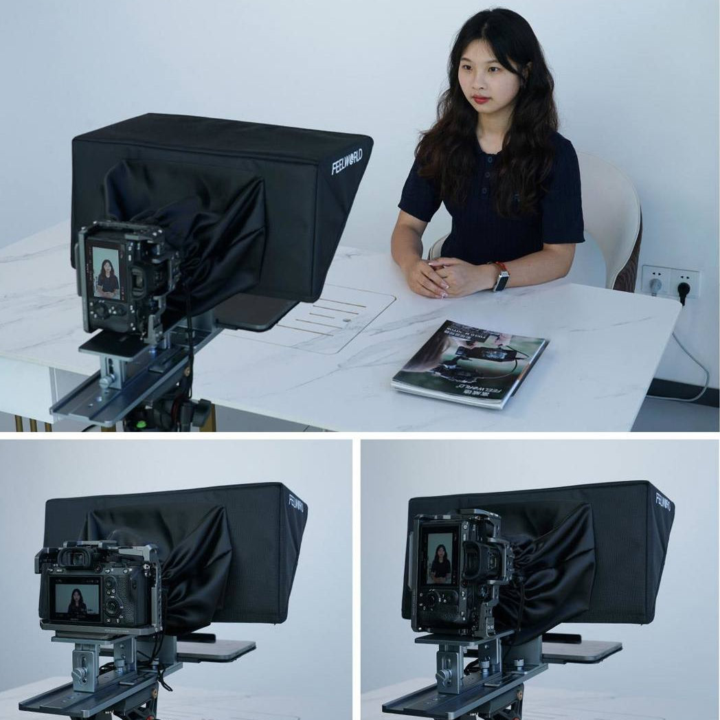 Feelworld TP16 teleprompter with adjustable glass and metal frame, designed for smooth script reading during filming.