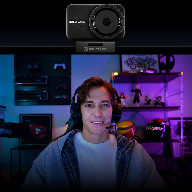 Hollyland Lyra 4K UHD webcam for video conferencing, featuring a sleek design and built-in microphone system.