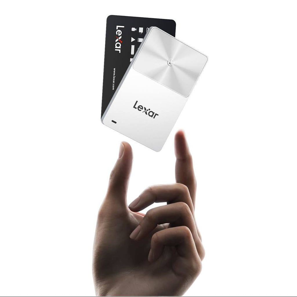 Lexar TouchLock Portable SSD external drive with sleek black design and compact size for secure data storage.