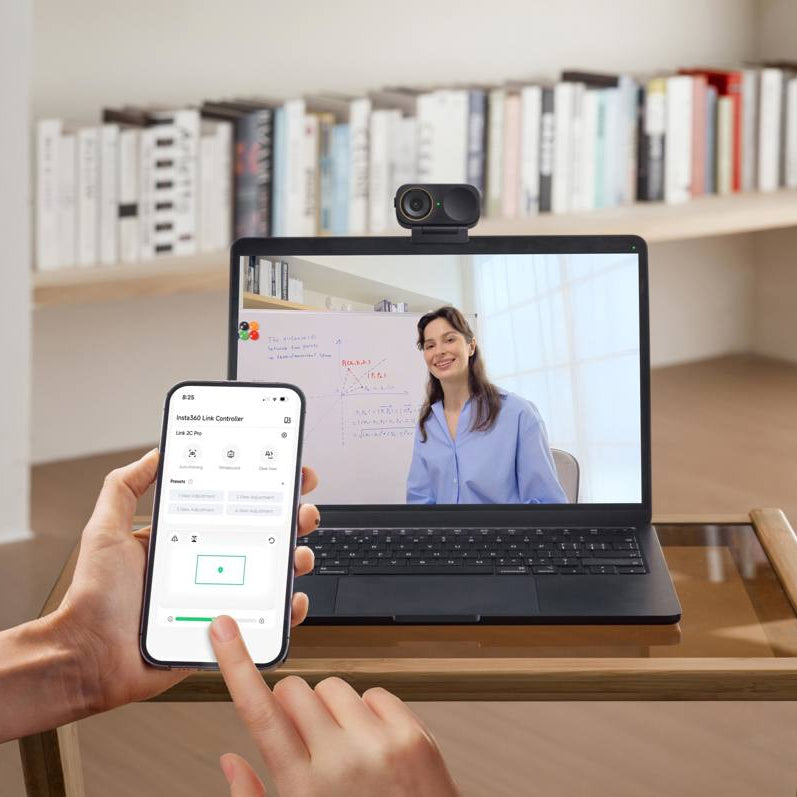 Insta360 Link 2C Pro video conferencing camera with adjustable lens and built-in microphone, ideal for professional online meetings.