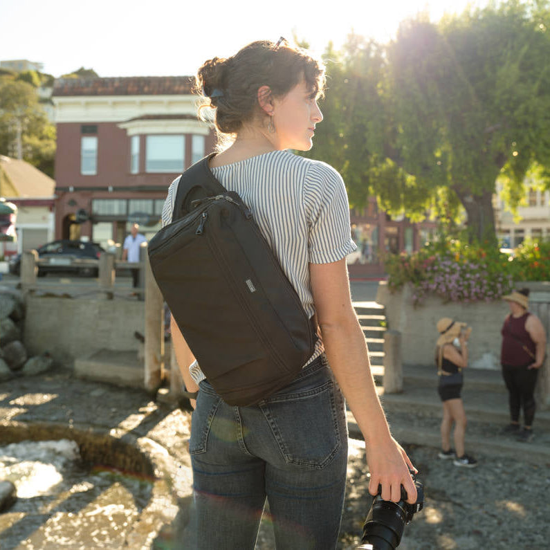 Think Tank PressPass Sling Bag for video equipment, black sling bag with multiple compartments for cameras and accessories.