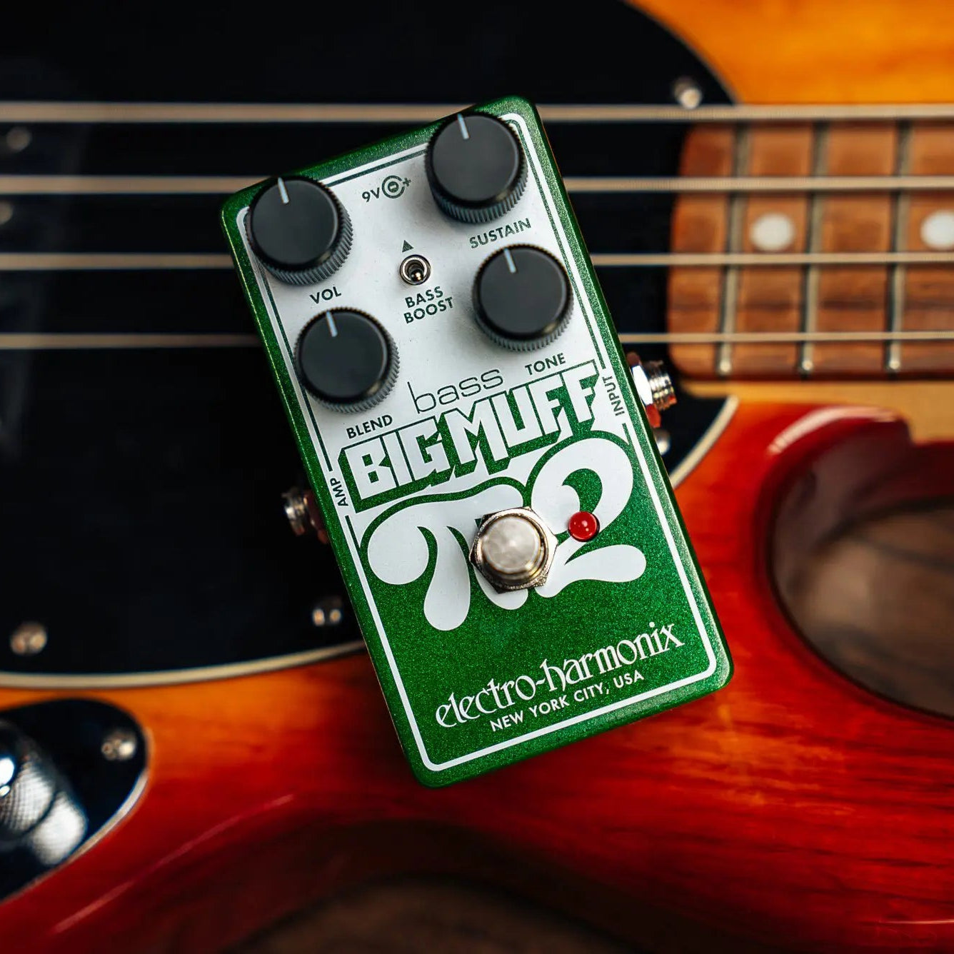 Electro Harmonix Nano Bass Big Muff Pi 2 guitar pedal with black casing and control knobs, designed for bass guitar effects.