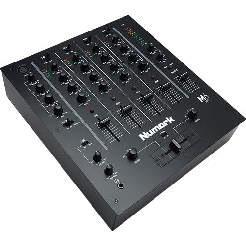 Numark M6 USB black DJ mixer with multiple channels, knobs, and input ports for professional DJ mixing setup.