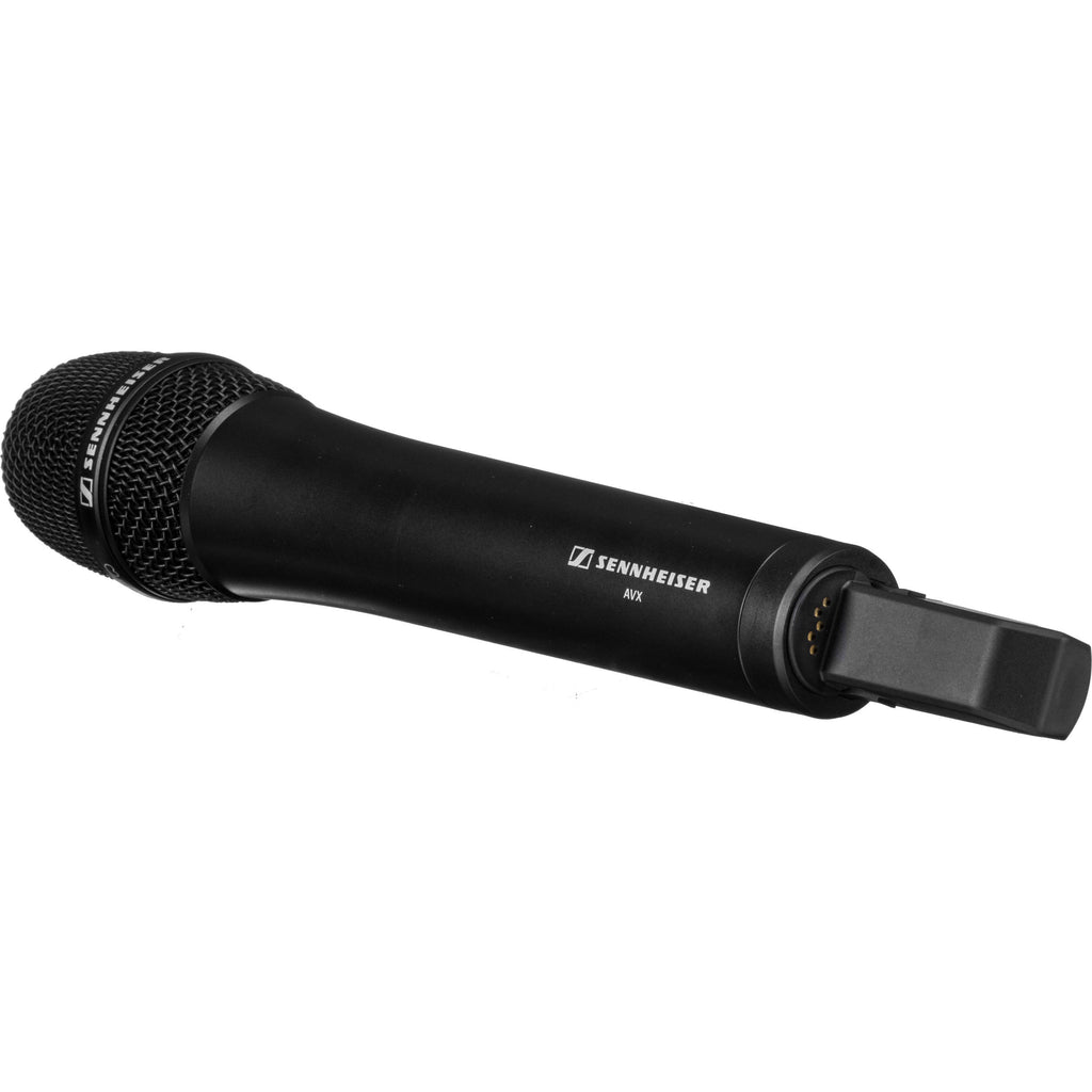 Sennheiser AVX-835 professional wireless microphone system with handheld mic and receiver showing controls and display.
