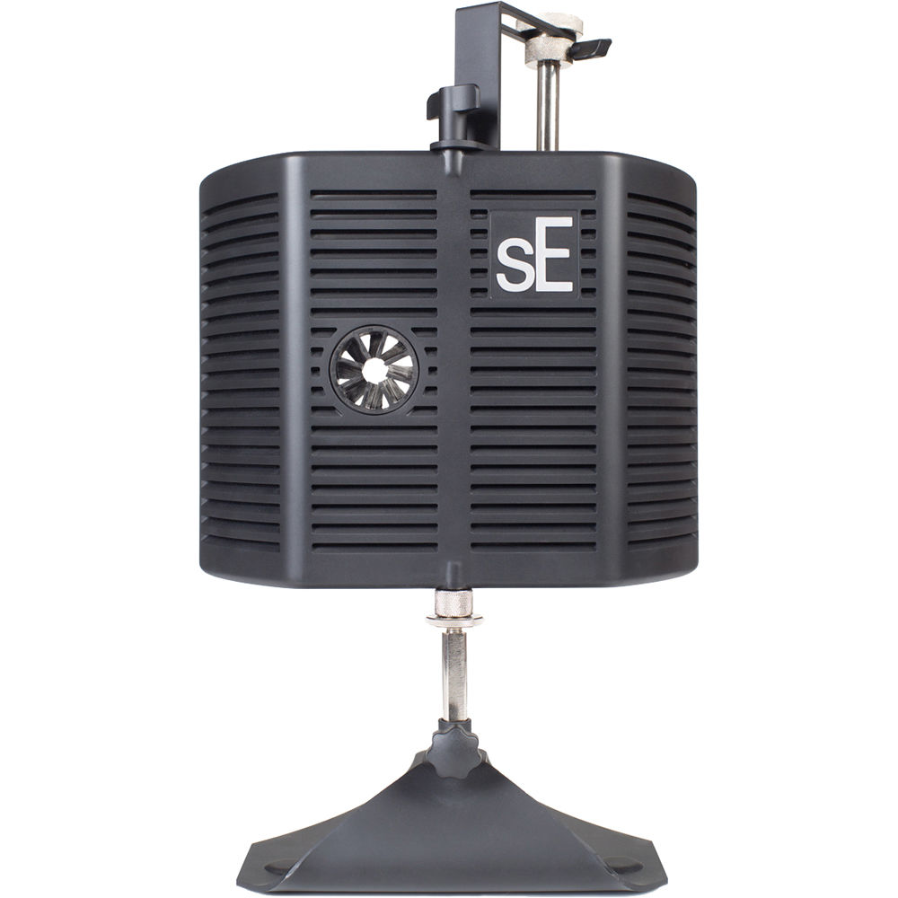 SE Electronics guitaRF reflection filter for guitar recording, shown mounted on a stand with adjustable panels and a microphone.