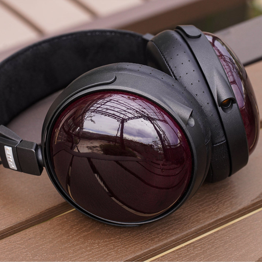 FiiO FT13 wired headphones with black earcups and inline microphone, close-up view showing ear cushion and cable details.