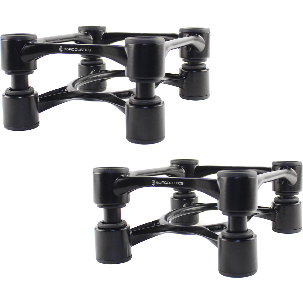 IsoAcoustics Aperta studio monitor stands with sleek design, supporting speakers for improved acoustic performance.