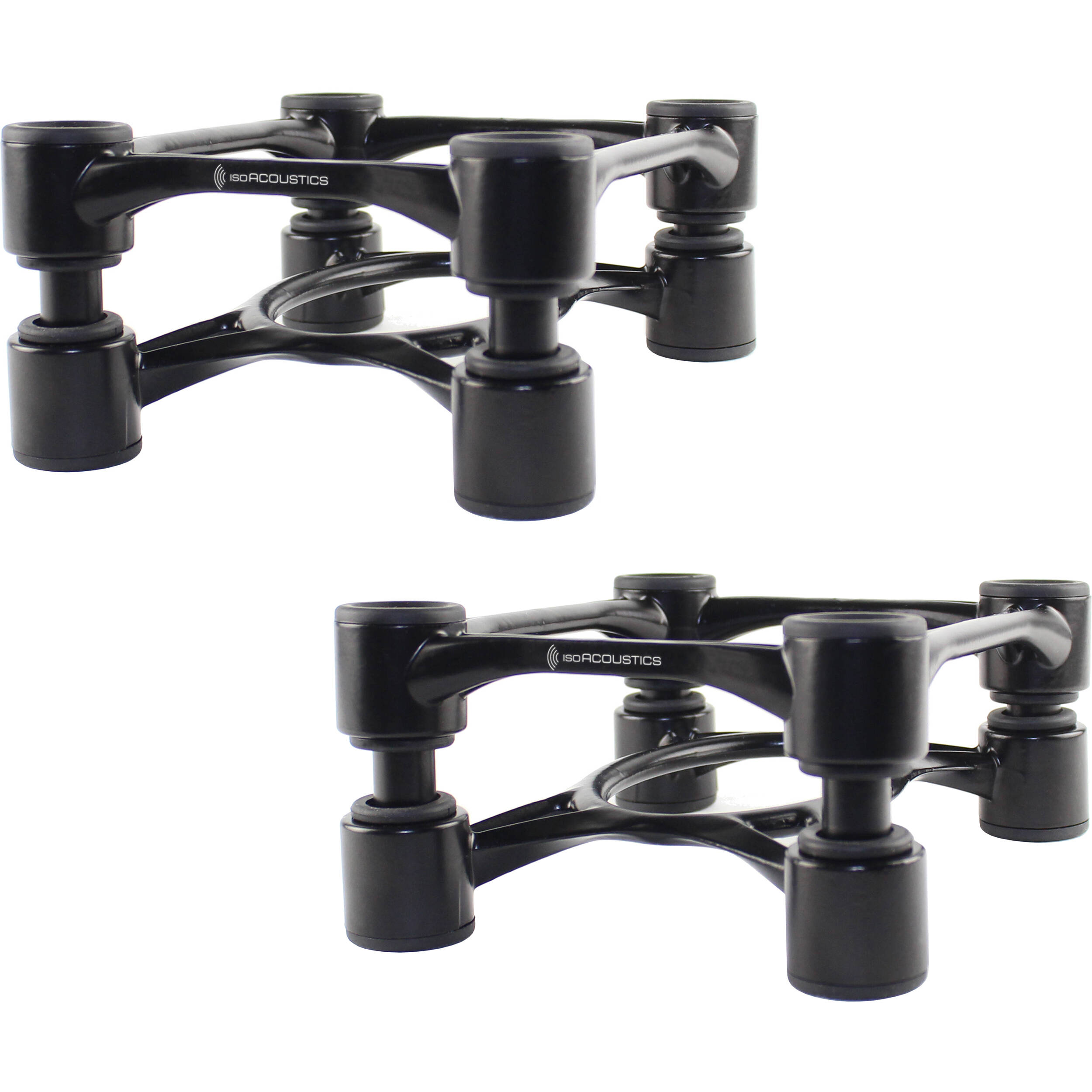 IsoAcoustics Aperta studio monitor stands with sleek design, supporting speakers for improved acoustic performance.