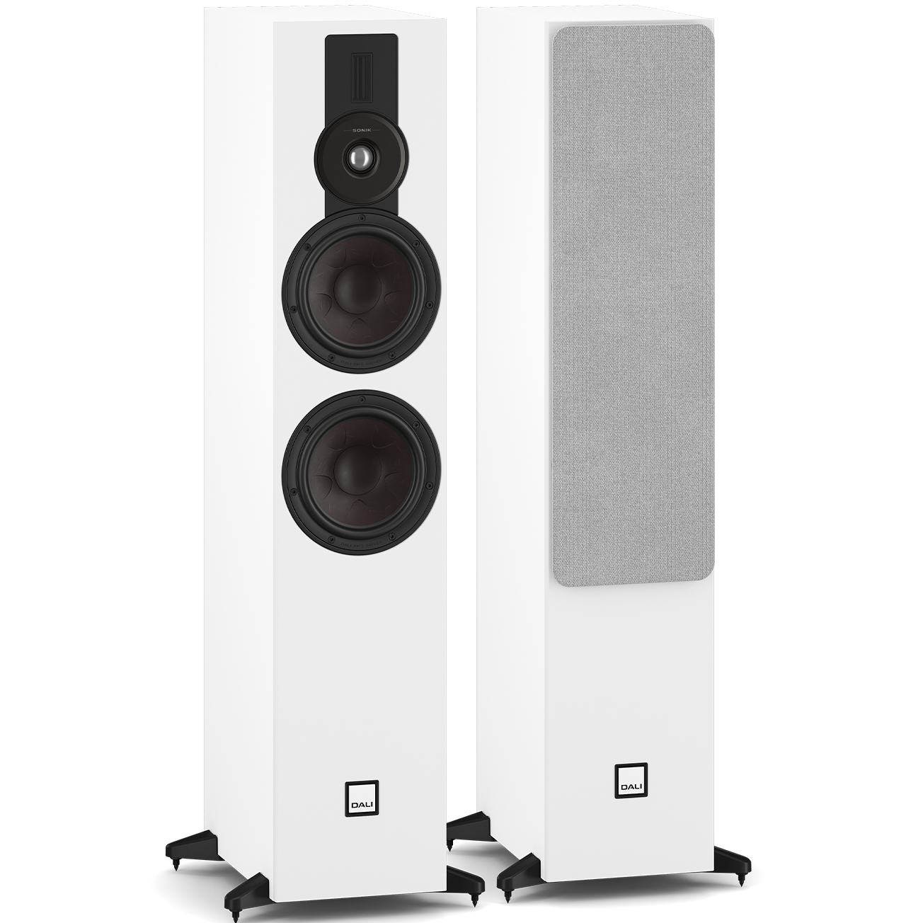 DALI Sonik 7 passive floorstanding speakers with sleek black cabinets and modern design, ideal for high-quality home audio systems.
