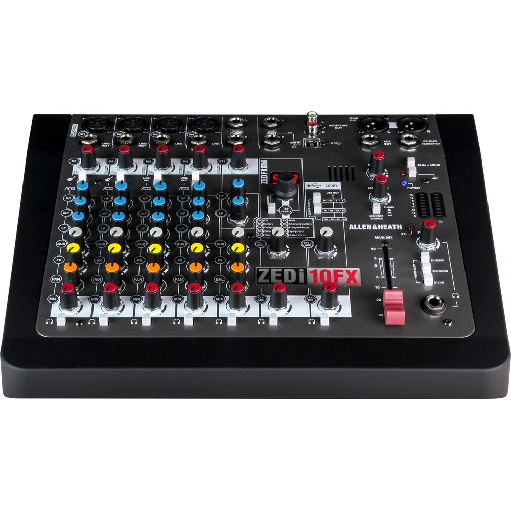 Allen & Heath ZEDi-10FX analog mixer with multiple input channels, knobs, and faders, designed for live sound and recording setups